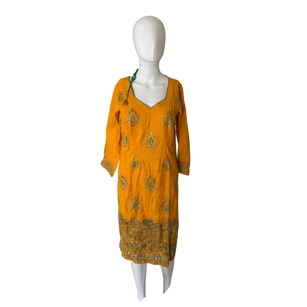 Yellow Silver Embroidered Kurti Long Tunic Top Woman Size S/M